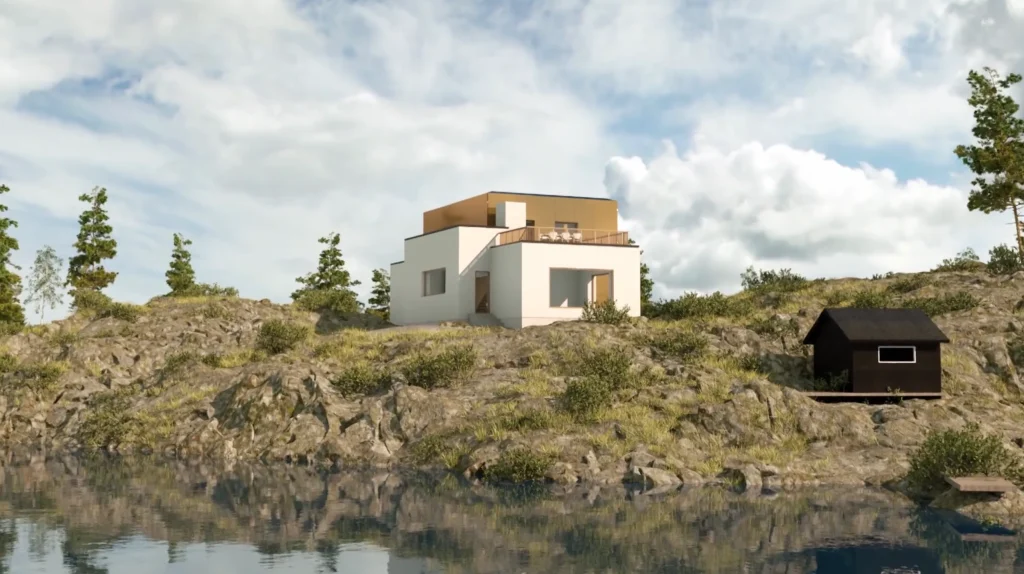 Stiligt - Ett modernt vitt hus med platt tak ligger på en stenig strandlinje omgiven av träd, med en liten mörk stuga i närheten, under en delvis molnig himmel. Scenen speglar sig i lugnt vatten.
