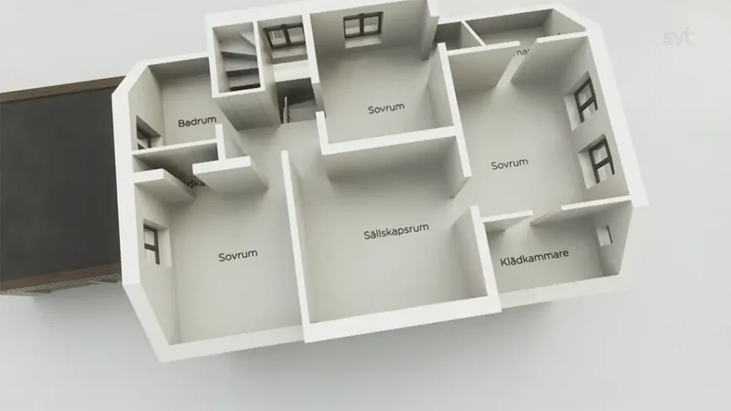 Stiligt - 3D planlösning för en lägenhet med märkta rum: tre sovrum (sovrum), ett badrum (badrum), vardagsrum (sällskapsrum), garderob (klädkammare) och entré.