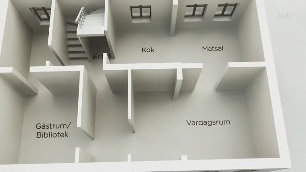 Stiligt - 3D planritning av ett hus som visar märkta rum på svenska: Entré, Kök, Matsal, Gästrum/Bibliotek och Vardagsrum, med fönster och en trappa synlig.