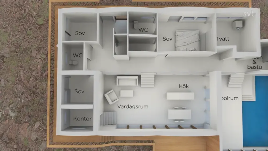 Stiligt - En 3D-plan över ett hus som visar märkta rum: tre sovrum (Sov), ett vardagsrum (Vardagsrum), kök (Kök), kontor (Kontor), två toaletter, tvättstuga (Tvätt) och bastuavdelning.