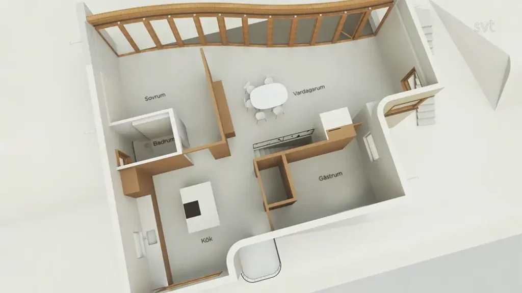 Stiligt - 3D-planlösning för en lägenhet med märkta rum: kök, vardagsrum, sovrum, badrum och gästrum, med stora fönster längs ena väggen.
