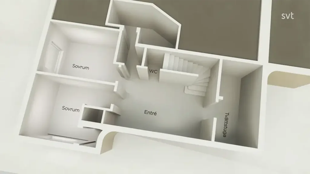 Stiligt - En 3D-planlösning märkt på svenska visar två sovrum (sovrum), en entré (entré), ett badrum (wc), en tvättstuga (tvättstuga) och en trappa.