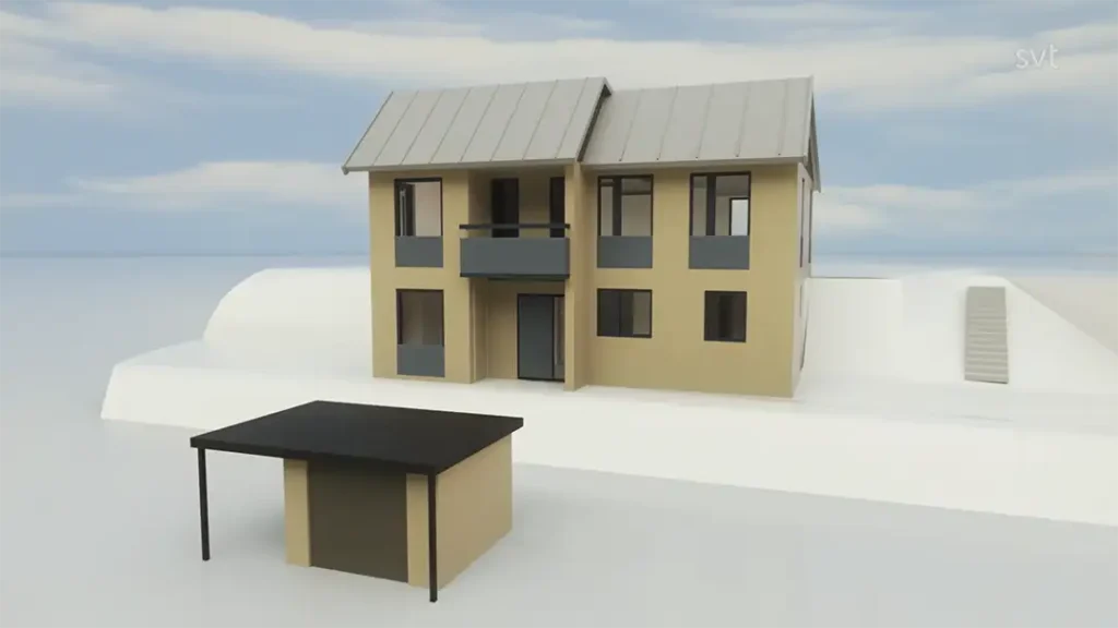 Stiligt - En enkel 3D-rendering av ett tvåvånings beige hus med grått tak, främre balkong och en fristående struktur med platt tak i förgrunden.