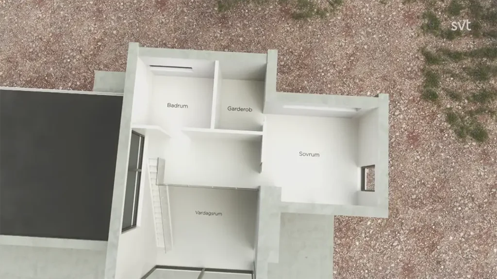 Stiligt - En vy uppifrån av en planlösning för ett hus med märkta rum: Badrum (badrum), Garderob (garderob), Sovrum (sovrum) och Vardagsrum (vardagsrum).