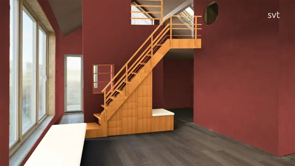 Stiligt - Modern interiör med mörkröda väggar, stora fönster, mörkt trägolv, och en ljus trätrappa med inbyggd förvaring och räcken. Dagsljuset strömmar in från vänster.