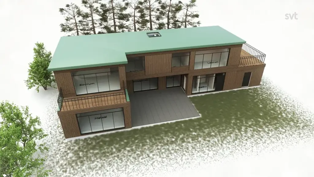 Stiligt - Ett modernt hus i två våningar med grönt tak, stora fönster märkta med rumsnamn, omgivet av gräs, träd och lätt snö.
