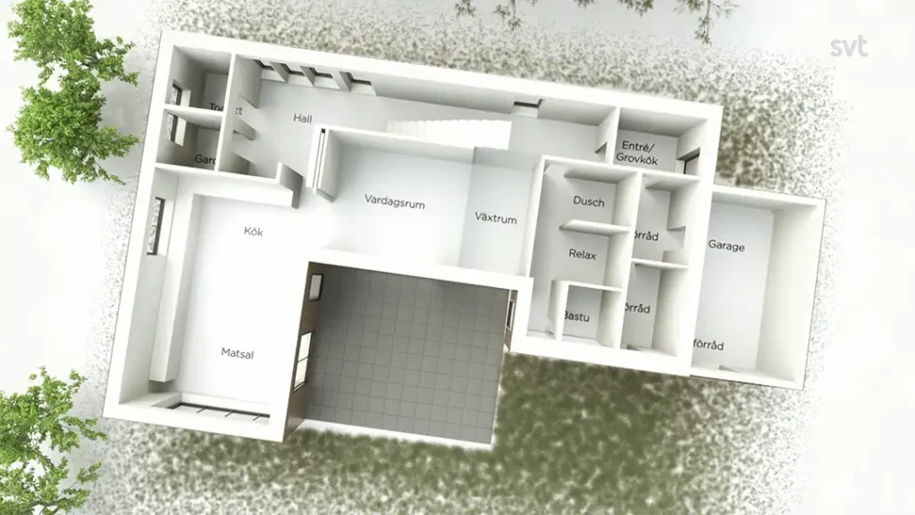 Stiligt - En vy uppifrån av en planlösning för ett hus som visar märkta rum inklusive kök, matsal, vardagsrum, badrum, bastu, förråd, garage och entré.