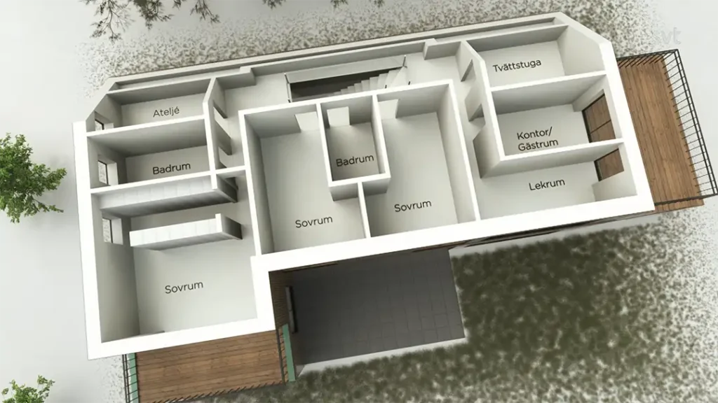 Stiligt - En vy uppifrån av en planlösning för ett hus som visar märkta rum på svenska, inklusive sovrum (sovrum), badrum (badrum), ateljé (studio) och lekum (lekrum).