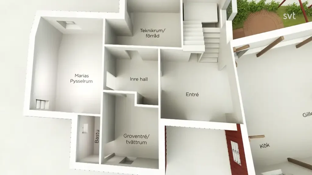 Stiligt - 3D planlösning som visar märkta rum på svenska: Marias Pysselrum, Bastu, Groventré/tvättrum, Inre hall, Teknikrum/förråd, Entré. Trappor och dörrar är synliga.
