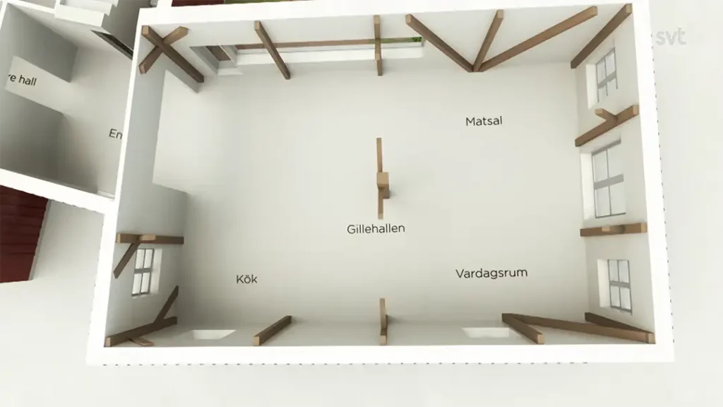 Stiligt - En 3D-planlösning av ett hus med märkta rum: "Kök" (kök), "Vardagsrum" (vardagsrum), "Gillehallen" och "Matsal" (matsal). Bruna balkar är synliga.