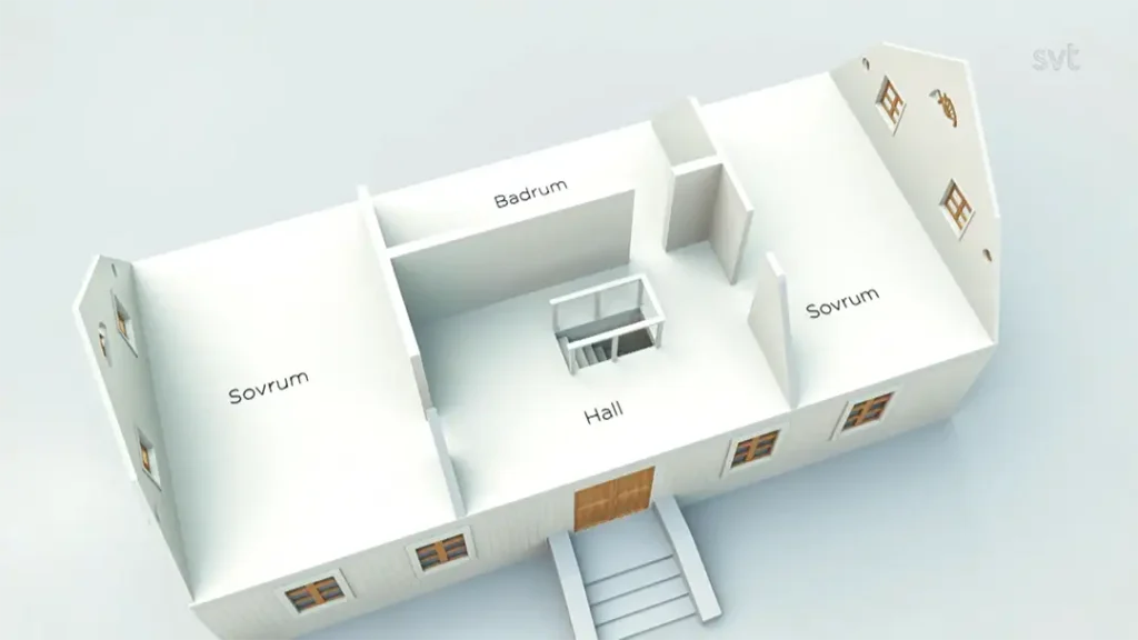 Stiligt - 3D planritning av ett hus märkt på svenska med rum: Sovrum (sovrum), Badrum (badrum) och Hall (hall); ytterdörr med trappsteg är synlig.