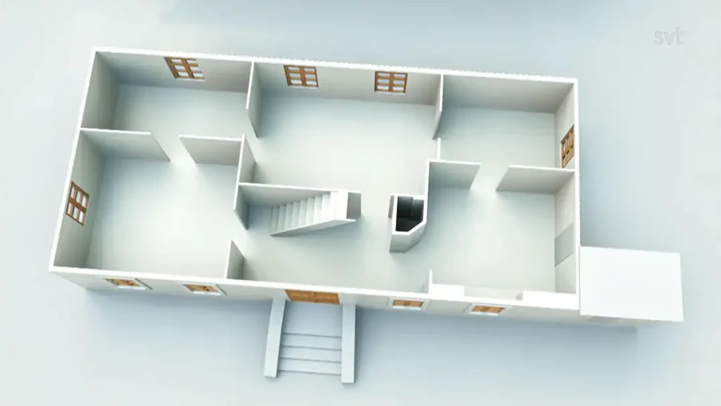 Stiligt - 3D-renderad planritning av ett envåningshus som visar flera rum, innerväggar, trappa, flera fönster, dörrar och en främre entré med trappsteg.