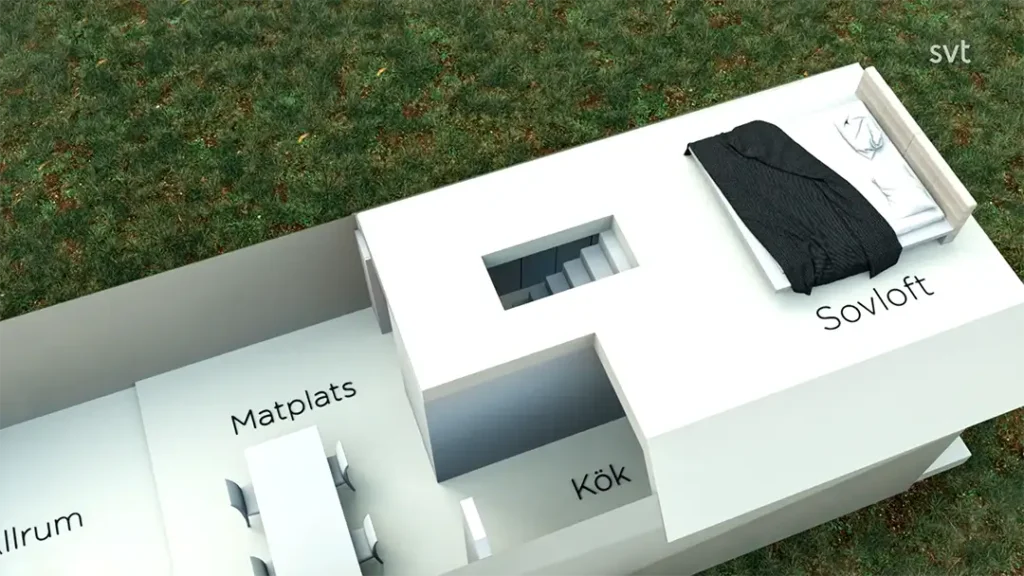 Stiligt - En genomskuren vy av ett litet hus visar märkta rum: en matplats (Matplats), kök (Kök), vardagsrum (Allrum) och ett loft med en säng (Sovloft) ovanför kök och trappa.