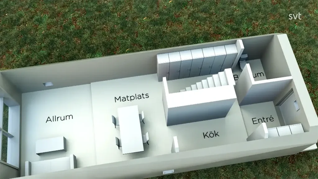 Stiligt - En 3D-planlösning av ett hus med märkta rum: allrum (vardagsrum), matplats (matplats), kök (kök), entré (entré) och badrum (badrum).