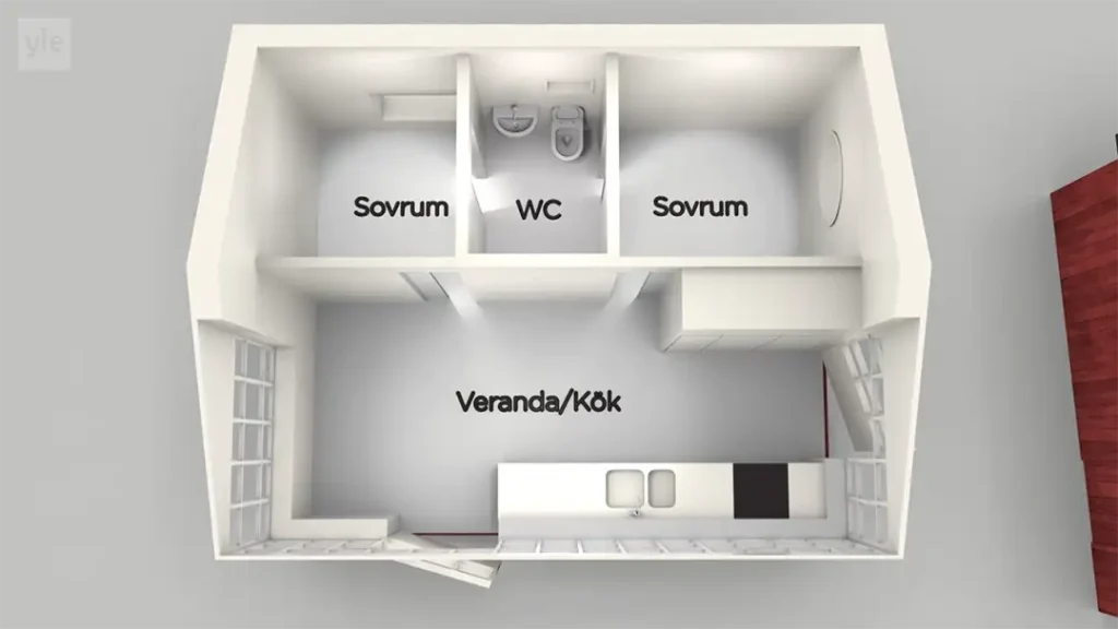 Stiligt - En planlösning i 3D med två sovrum märkta "Sovrum", ett badrum märkt "WC" och en öppen yta märkt "Veranda/Kök" med köksinredning.