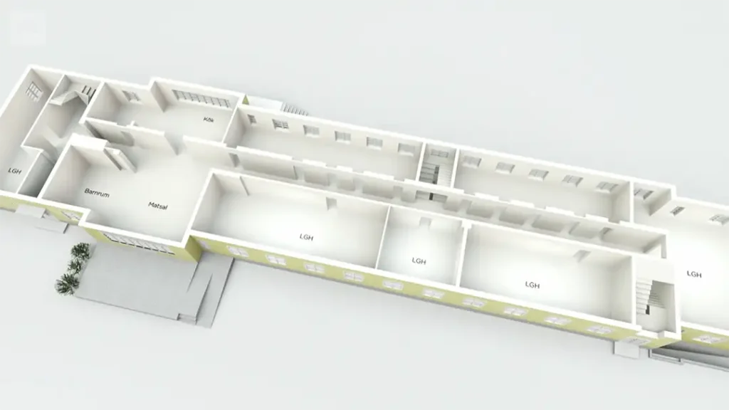 Stiligt - En planritning i 3D av en rektangulär byggnad som visar flera rum, korridorer, trappor och yttre entréer, med märkta områden som kök, matal och LGH.
