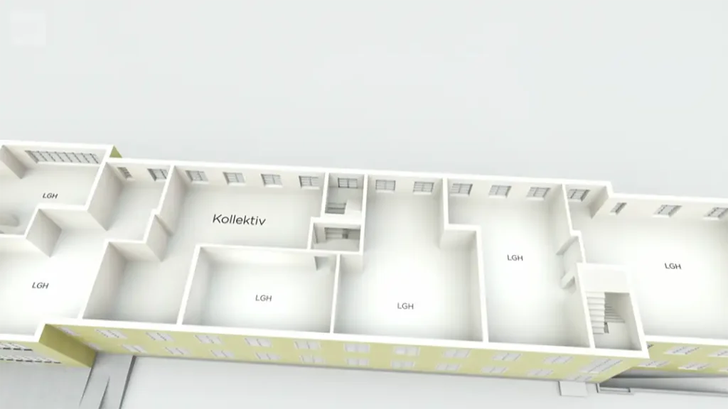 Stiligt - 3D planritning av en byggnad som visar märkta rum "Kollektiv" och "LGH" med fönster och innerväggar synliga.