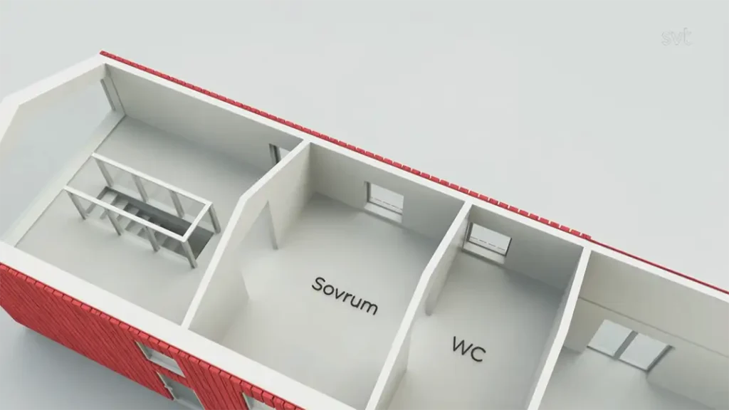 Stiligt - En planritning i 3D av ett byggnadssegment visar tre rum märkta "Sovrum" (sovrum), "WC" (badrum) och ett intilliggande rum med hyllor eller bänkar.