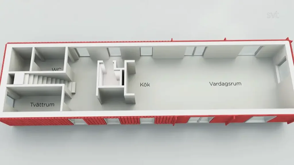 Stiligt - 3D planlösning av ett rektangulärt hus med märkta rum: Tvättrum (tvättstuga), WC, Kök (kök) och Vardagsrum (vardagsrum); röda ytterväggar.