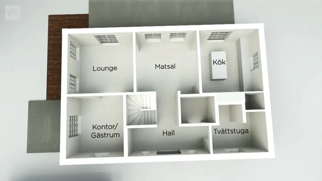 Stiligt - 3D planritning av ett hus märkt på svenska, som visar rum: Lounge, Matsal (Matsal), Kök (Kök), Kontor/Gästrum (Kontor/Gästrum), Hall och Tvättstuga (Tvättstuga).