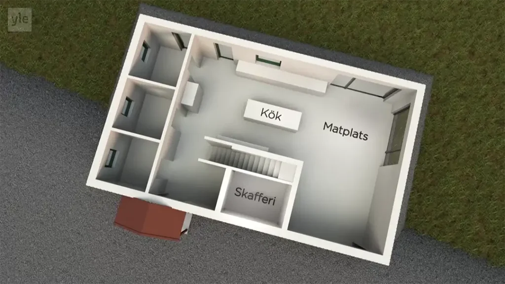 Stiligt - En planritning i 3D visar märkta rum på svenska: "Kök" (kök), "Matplats" (matplats) och "Skafferi" (skafferi), med angränsande små rum och trappor.