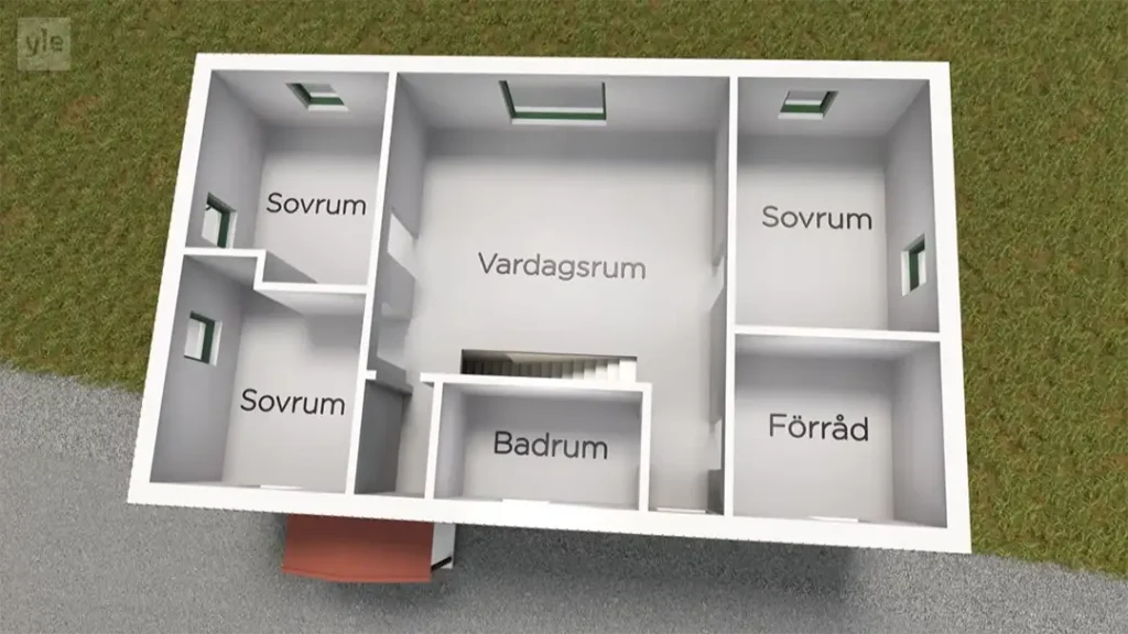 Stiligt - En 3D-planlösning av ett hus med märkta rum på svenska: tre sovrum (Sovrum), ett vardagsrum (Vardagsrum), ett badrum (Badrum) och ett förråd (Förråd).