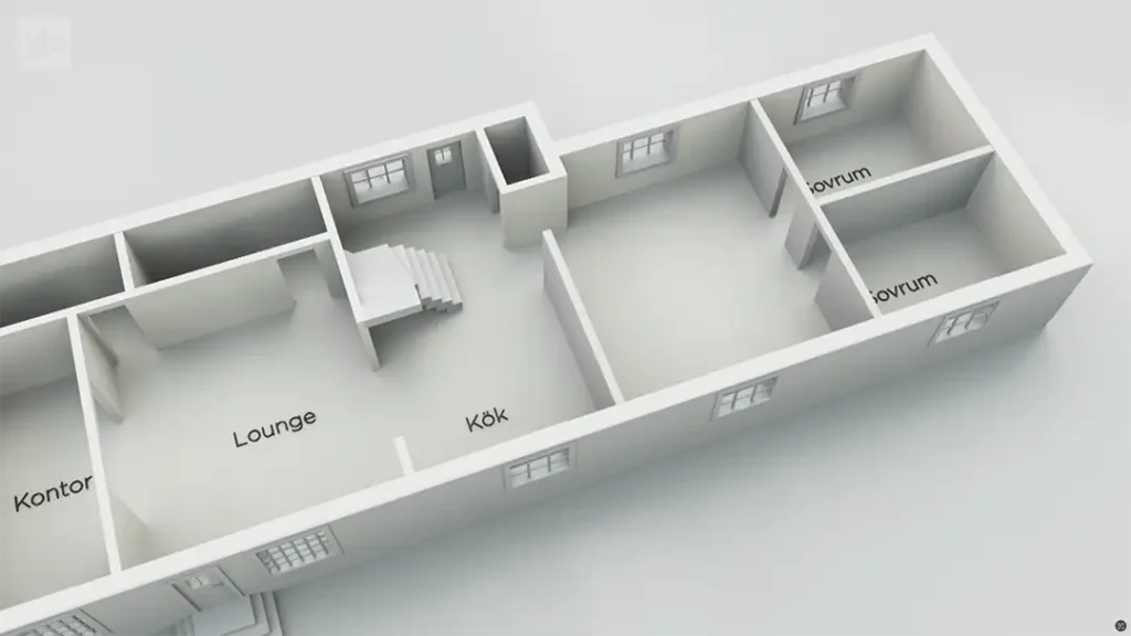 Stiligt - 3D planlösning som visar märkta rum på svenska: Kontor (kontor), Lounge, Kök (kök) och två Sovrum (sovrum) med fönster och trappa.