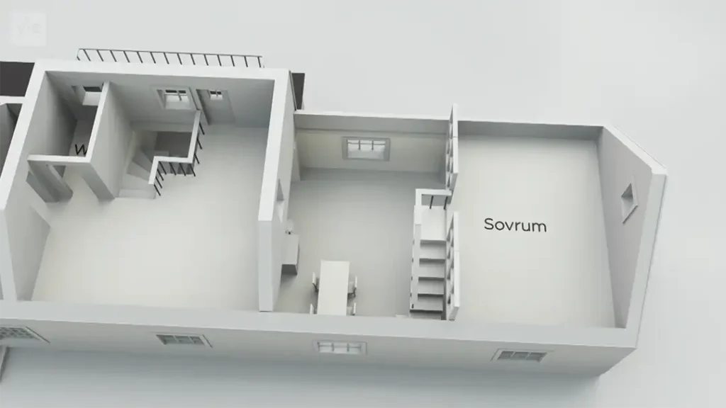 Stiligt - 3D planlösning som visar ett rum märkt "Sovrum" (sovrum på svenska), med intilliggande rum, fönster och en trappa.