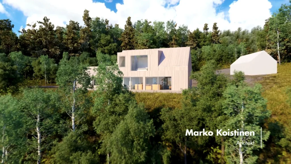 Stiligt - Modernt ljust trähus med stora fönster beläget på en skogklädd sluttning; täta träd omger strukturen under en delvis molnig himmel. Texten lyder "Marko Koskinen, Arkkitehti.