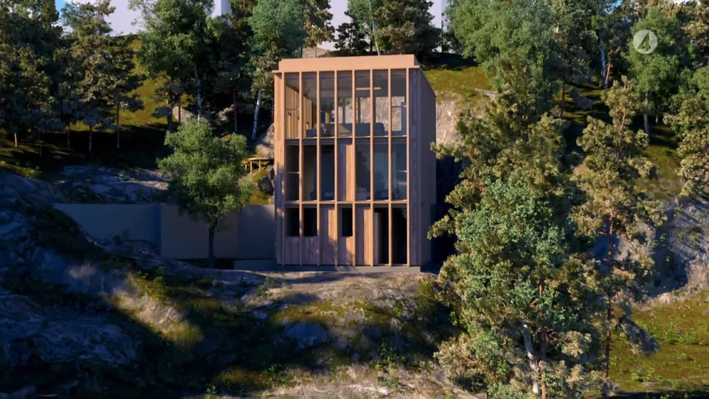 Stiligt - Ett modernt, rektangulärt hus med höga vertikala fönster byggs in i en sluttning, omgiven av träd och grönska.