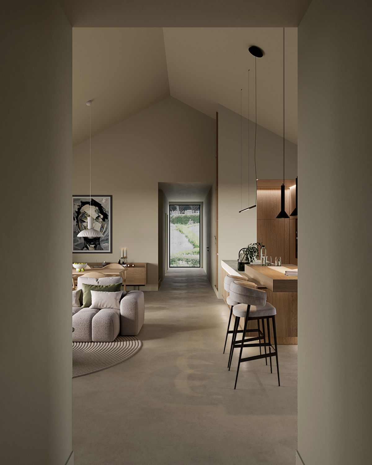 Stiligt - Det moderna vardagsrummet utstrålar stiligt charm med sina neutrala toner, med ett elegant kök med en frukostbar, en mysig sittgrupp med vadderade sittplatser och ett stort fönster med en fantastisk utsikt över trädgården.