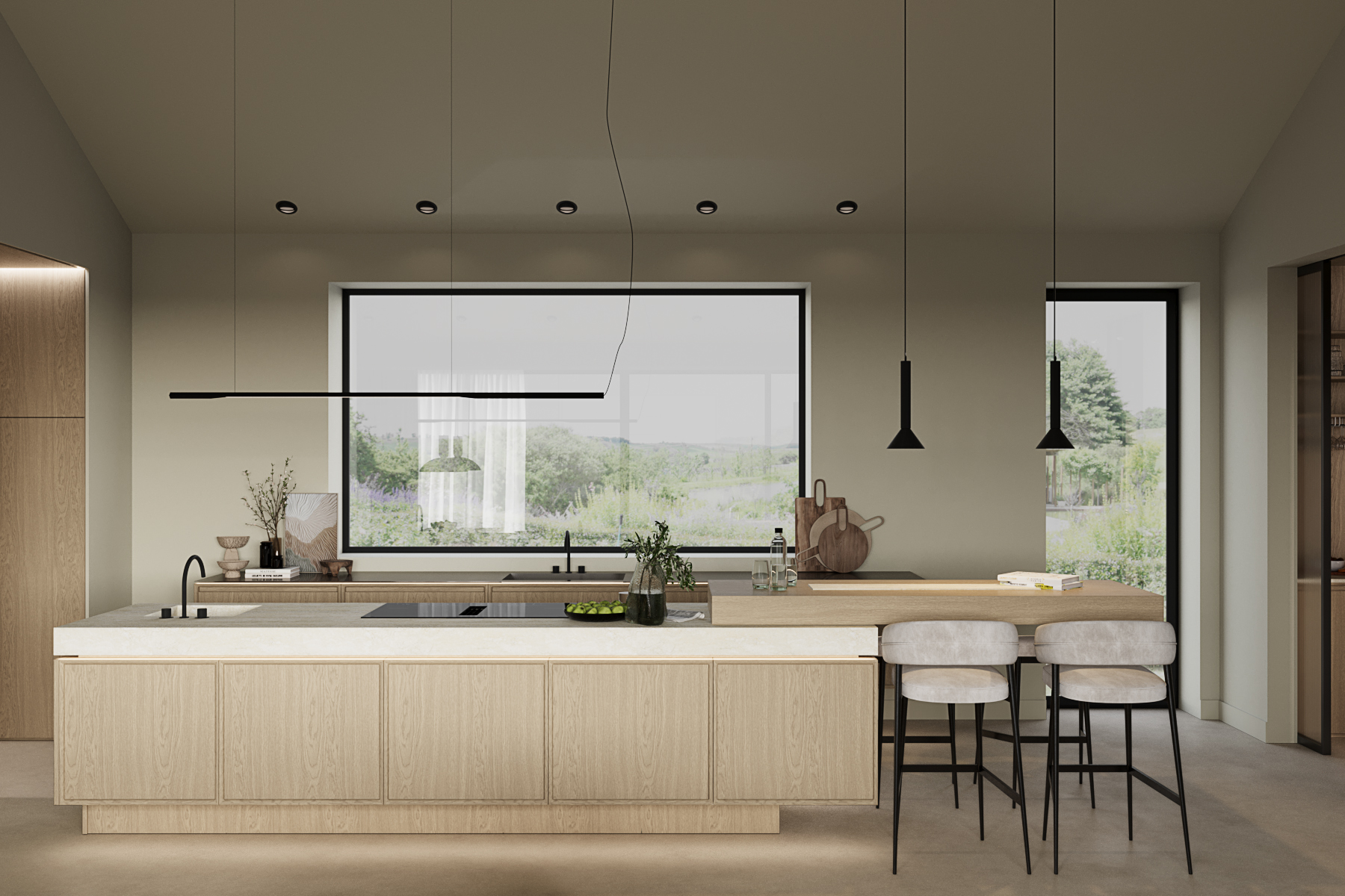 Stiligt - Stiligt modernt kök med stor ö, barstolar, eleganta taklampor och ett fönster med vacker utsikt. Den neutrala färgpaletten förstärker dess minimalistiska designelement.