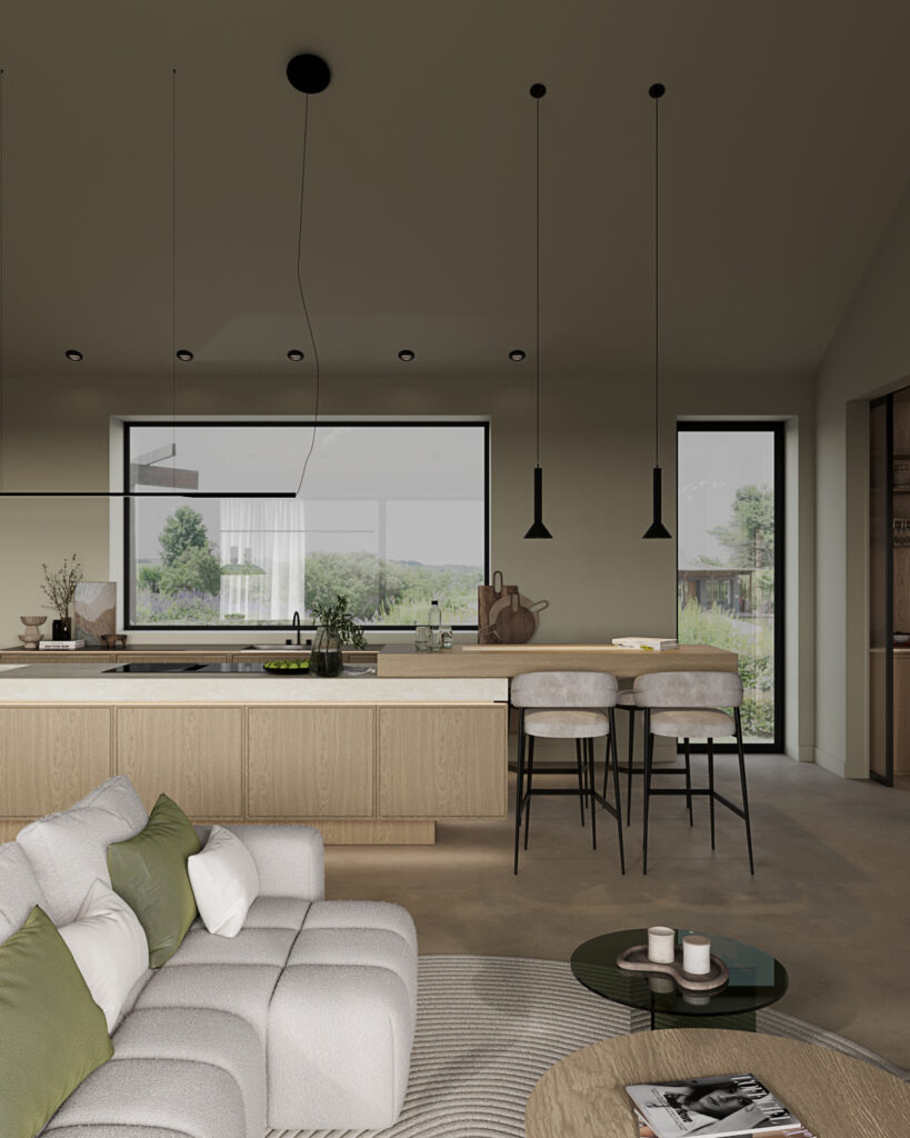 Stiligt - Modernt öppet kök och vardagsrum med neutrala toner, stora fönster, en beige sektionssoffa, barstolar på en träö och minimalistisk inredning.