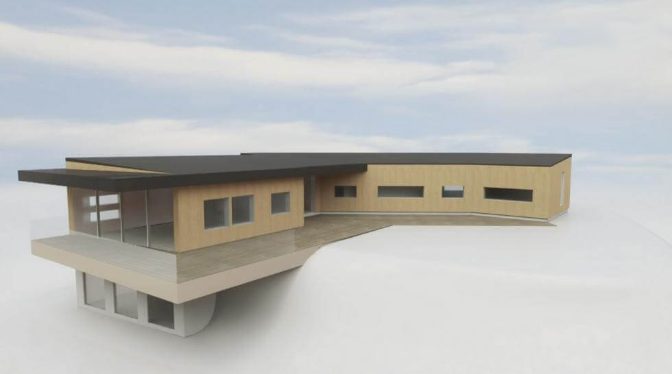 Stiligt - Modern, kantig byggnad med stora fönster, träpaneler och platt tak; strukturen verkar sträcka sig över en vit, minimalistisk bas mot en molnig himmel.