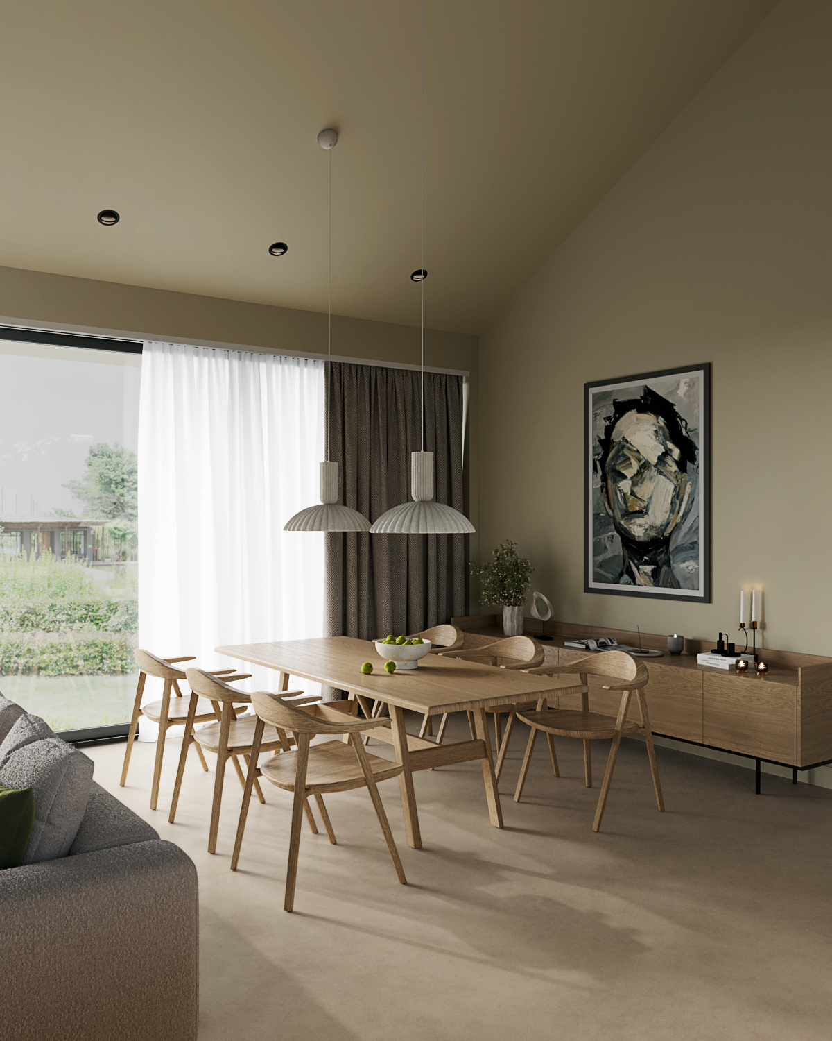Stiligt - En stiligt modern matsal har ett träbord och stolar, taklampor som ger ett varmt sken, ett stort fönster med eleganta gardiner, fängslande konstverk på väggen, en chic skänk prydd med dekor och en mysig beige soffa som inbjuder till avkoppling.