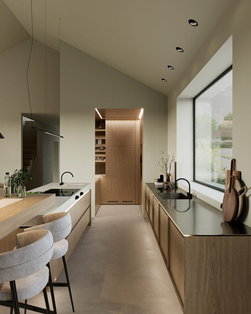 Stiligt - Modernt kök med ljusa träskåp, svarta bänkskivor, en ö med två stolar, stort fönster och minimalistisk inredning.
