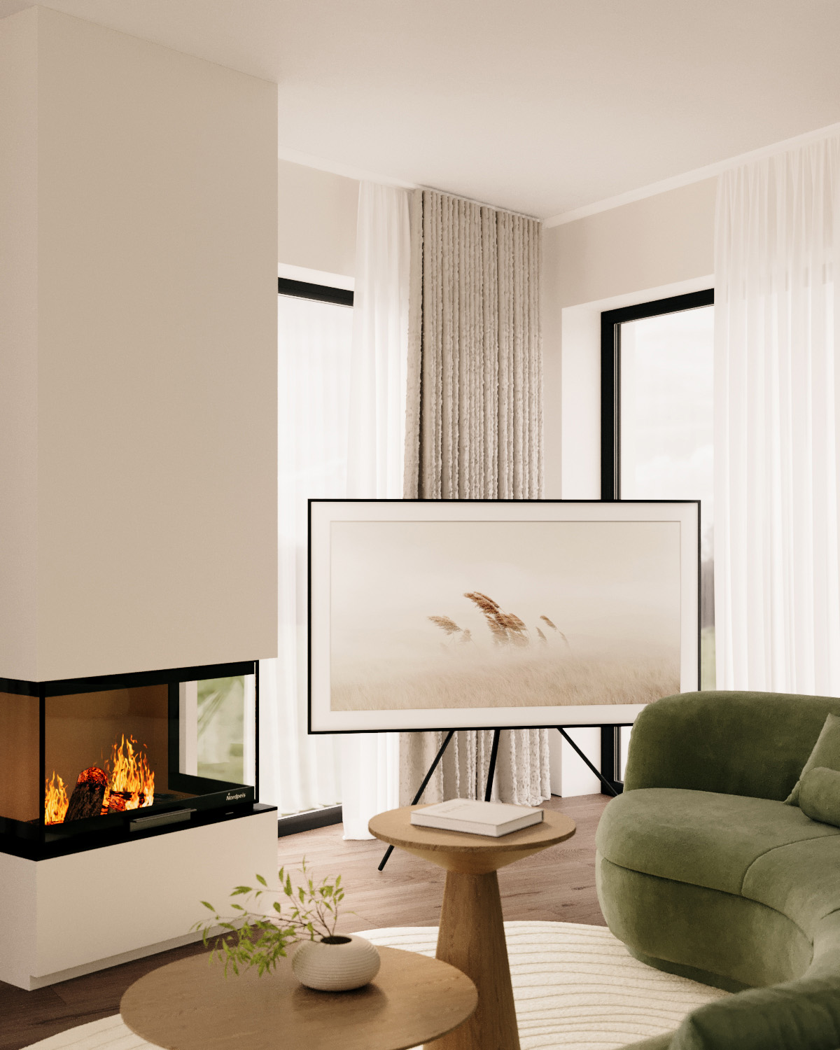 Stiligt - Ett stiligt modernt vardagsrum med en grön fåtölj, ett runt soffbord i trä och en platt-TV som visar en naturscen. En mysig öppen spis flimrar bredvid skira vita gardiner.