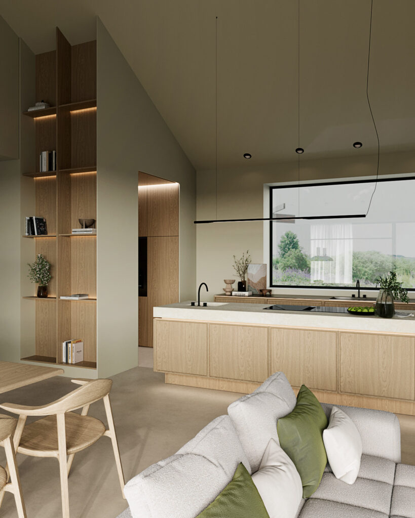 Stiligt - Modernt kök och vardagsrum med ljusa träskåp, öppna hyllor, neutrala toner, minimalistiska möbler och ett stort fönster med utsikt över grönskan – perfekt för dig som älskar en träkök i dansk stil.