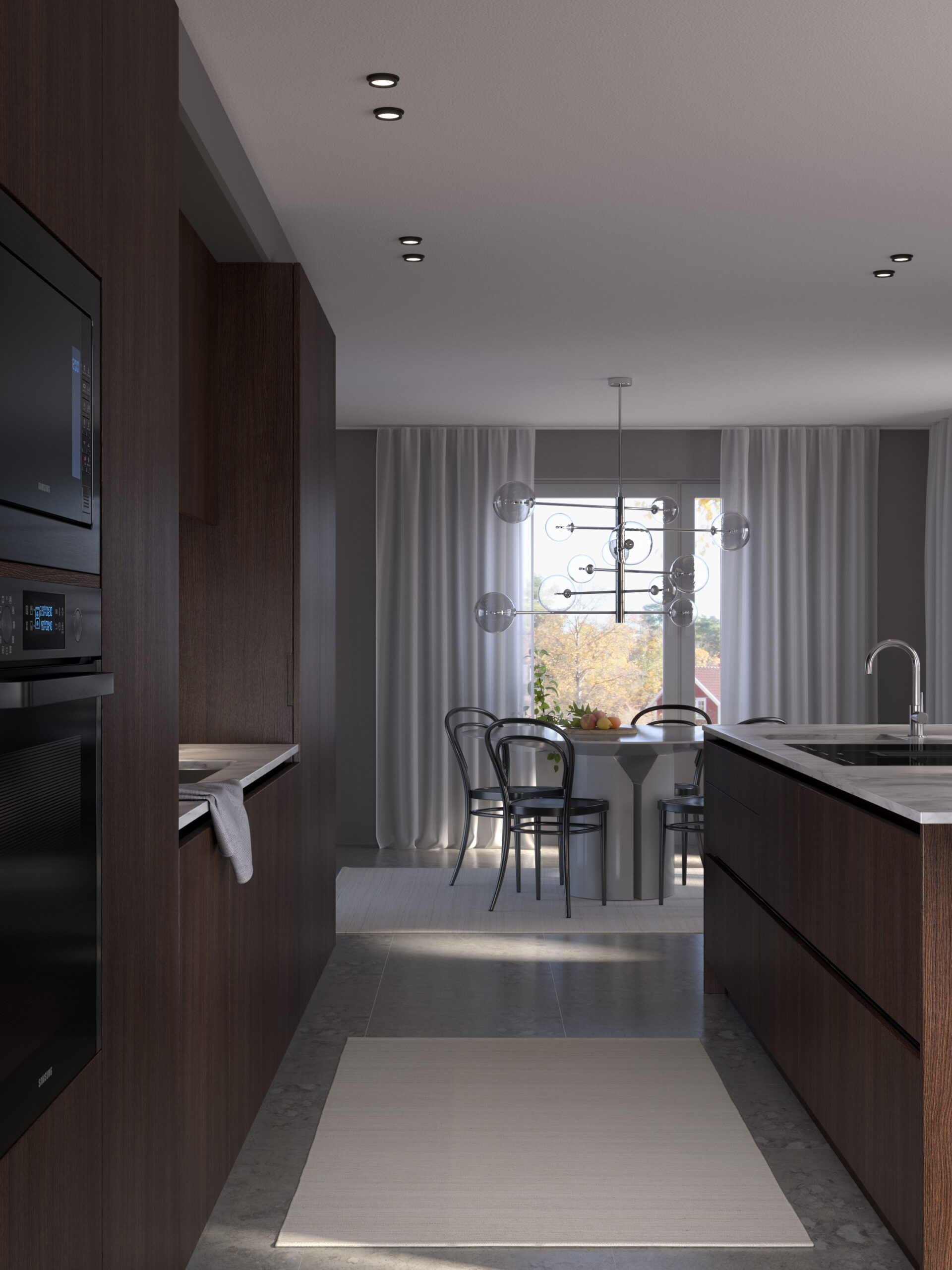 Stiligt - Modernt kök med mörkt träskåp och inbyggda vitvaror, som utstrålar en stiligt charm. En vit central ö kompletterar matbordet och stolarna i närheten, medan ett stort fönster prydt med vita gardiner ger en elegant bakgrund.