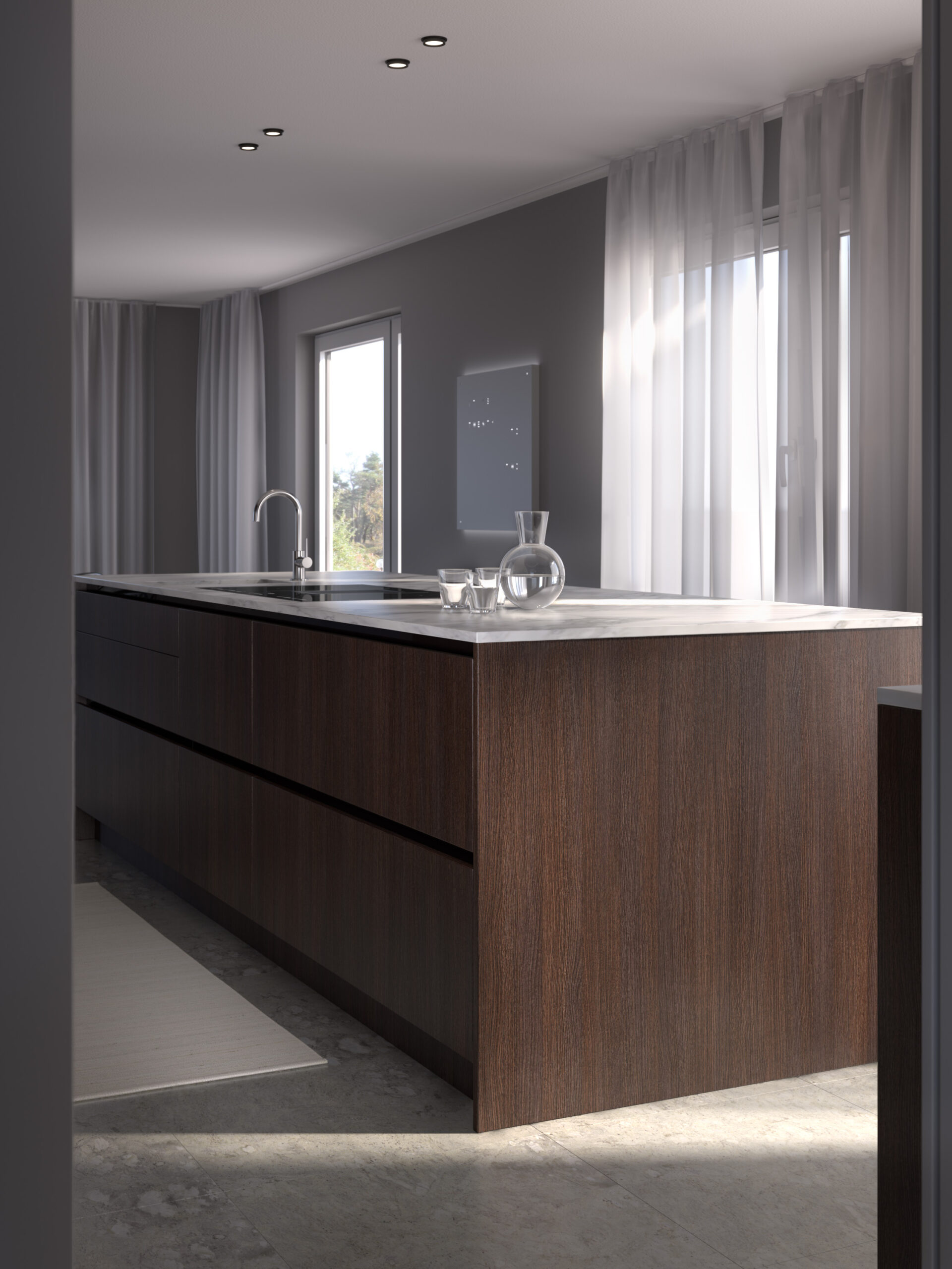 Stiligt - En modern och stilig köksinredning med en snygg träö, grå bänkskivor, en diskbänk prydd med eleganta glasföremål och stora fönster med skira gardiner.
