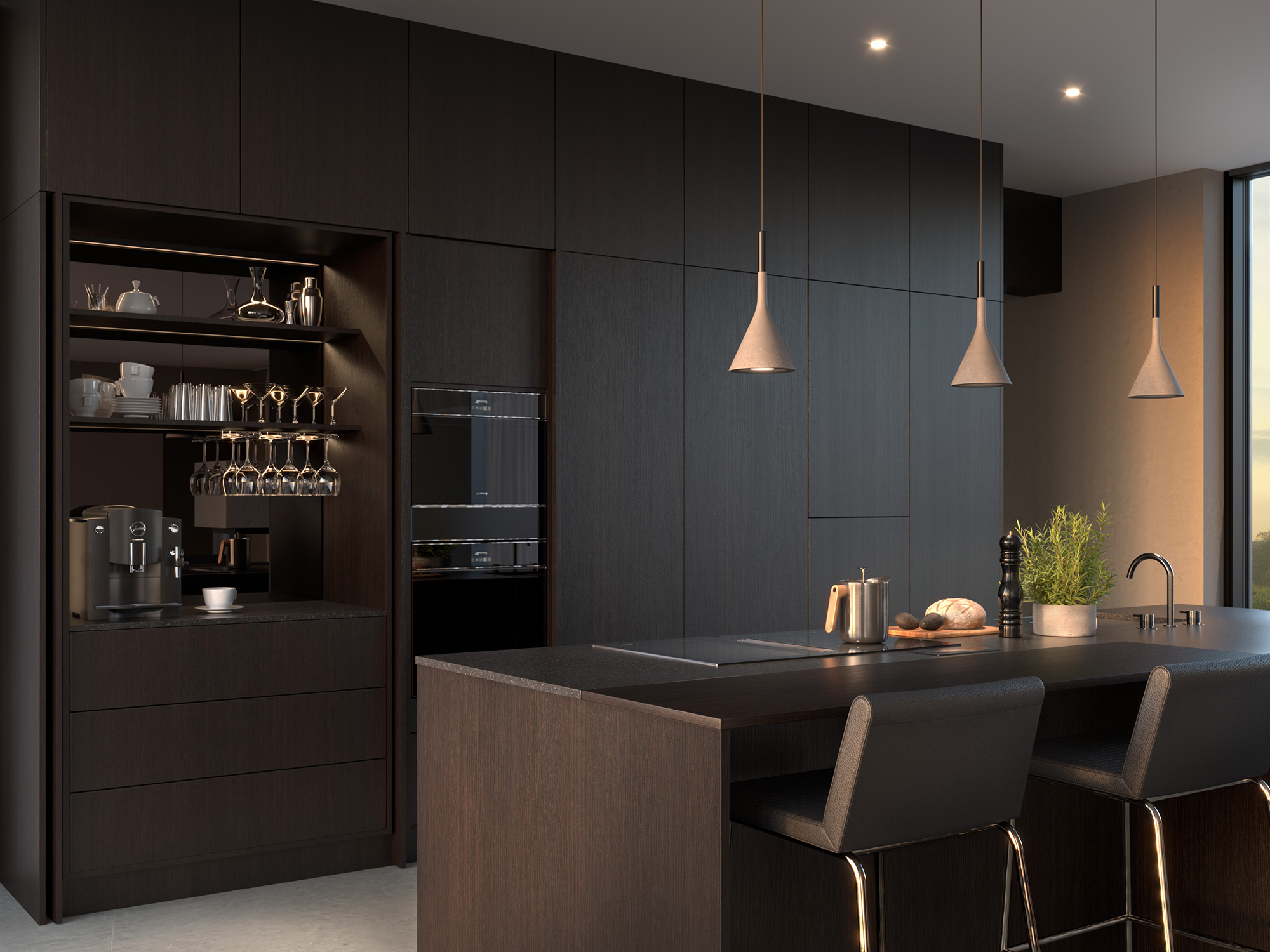 Stiligt - Ett stiligt modernt kökMinimalistiskt mörkt ekkök med inbyggd kaffestation, en ö med pallar, pendelbelysning och en elegant kran. Ett fönster inleder vackert naturligt ljus.