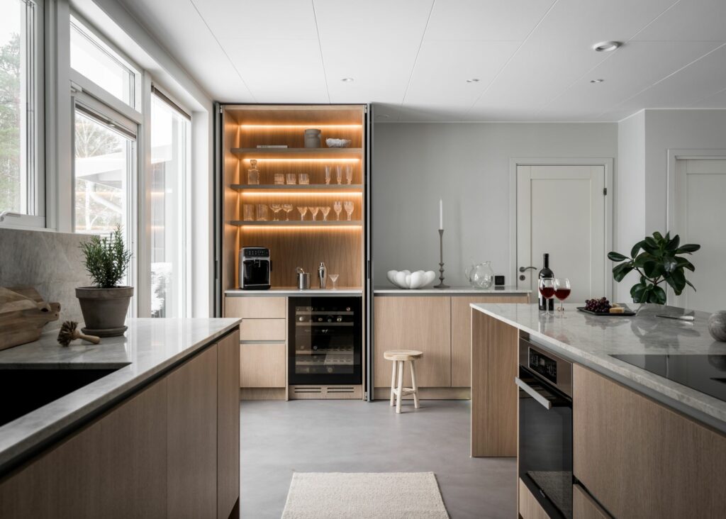 Stiligt - Modern kök i skandinavisk stil med ljusa träskåp, marmorbänkar, inbyggd hylla med glas och belysning, vinkyl och två glas rödvin på köksön.