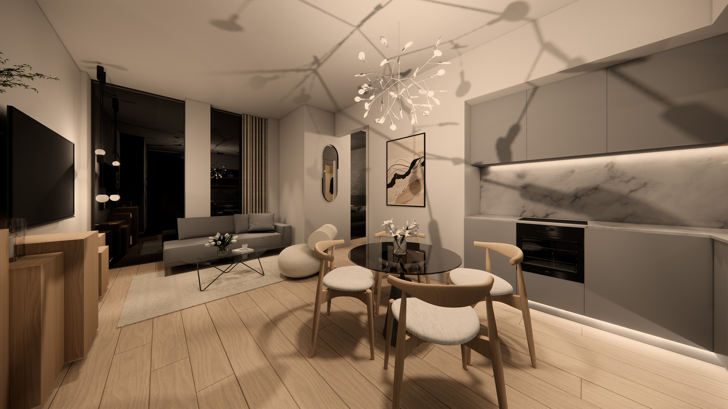 Stiligt - Modern lägenhetsinteriör med ljusa trägolv, gråa skåp, backsplash i marmor, runt matbord, soffa, väggkonst och modern belysningsarmatur.