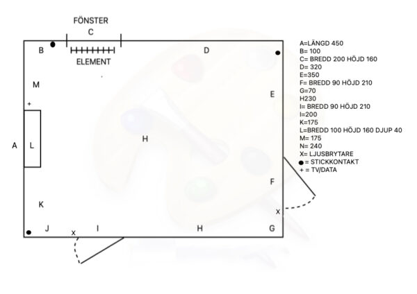 Stiligt - Planritningsdiagram med mått och märkta punkter för bredd, höjd och funktioner som fönster, element, ljusströmbrytare, eluttag och TV-port.