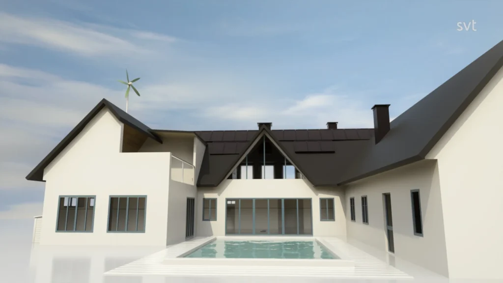 Stiligt - Ett modernt vitt hus med mörkt tak har stora fönster och en central pool; ett vindkraftverk syns på det vänstra taket.