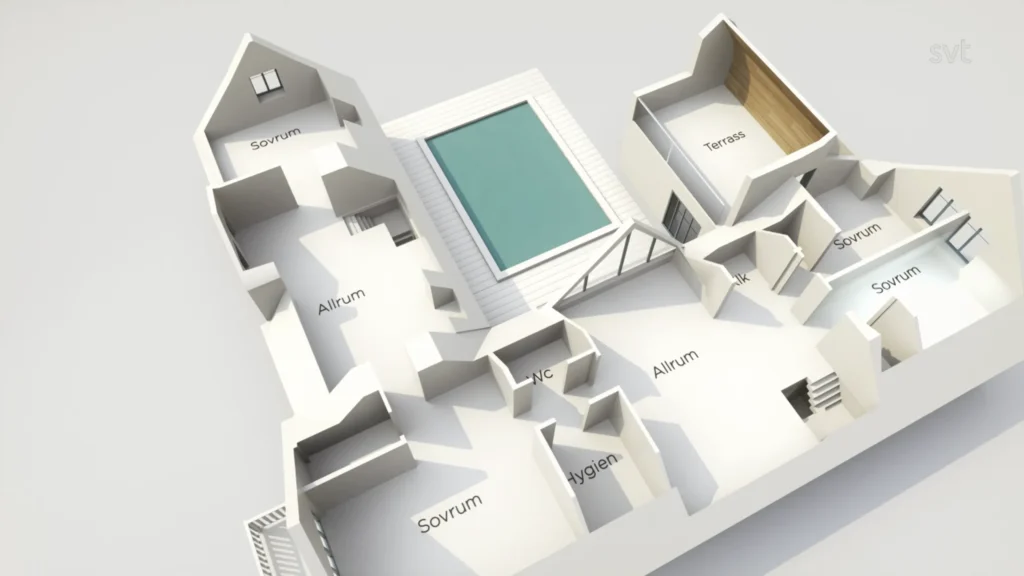 Stiligt - 3D planlösning av ett hus med märkta rum på svenska, inklusive två sovrum (Sovrum), två vardagsrum (Allrum), en terrass (Terrass), badrum (Hygien), WC och en central pool.