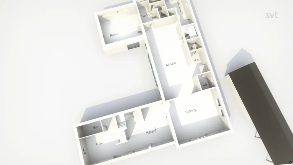 Stiligt - 3D-plan över ett enplanshus märkt på svenska med rum inklusive kök (kök), wc, matsal (matsal), salong (vardagsrum), allrum (allrum) och flera andra.