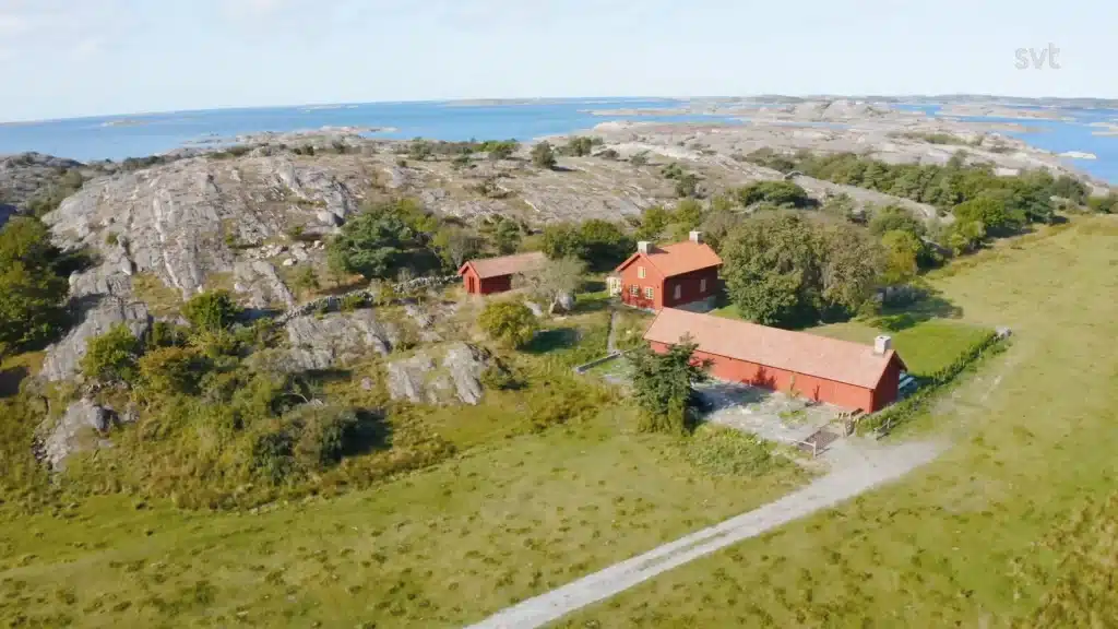 Stiligt - Flygfoto över röda hus omgivna av träd och stenig terräng nära kusten under en klar himmel.