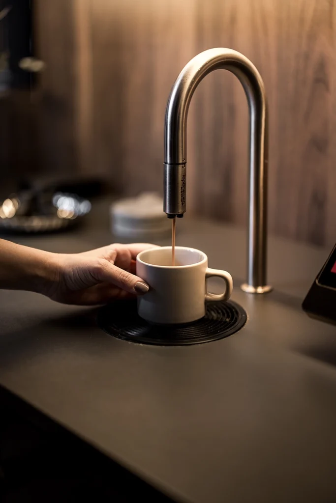 Stiligt - En hand håller en vit mugg under en modern kran på Victor Noblesse frisörsalong och häller kaffe i koppen på en mörk bänkskiva.