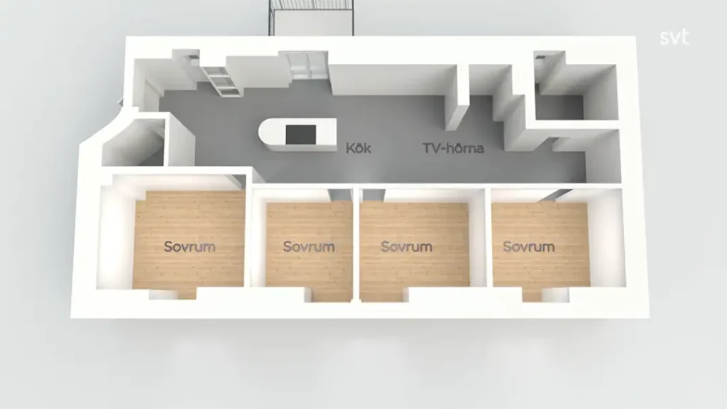 Stiligt - 3D planlösning med tre sovrum märkta "Sovrum", ett öppet kök märkt "Kök", en TV-del märkt "TV-hörna" och ytterligare rum på höger sida.